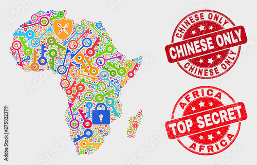 Keep Africa map and seal stamps. Red round Top Secret and Chinese Only grunge seal stamps. Bright Africa map mosaic of different registration items. Vector collage for security purposes.