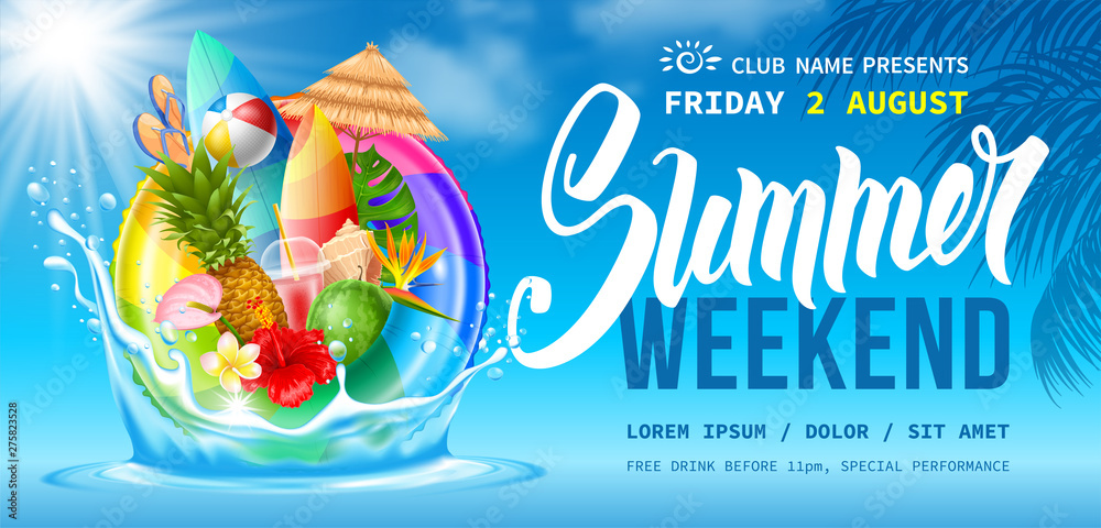 Summer Weekend Party Flyer Template - obrazy, fototapety, plakaty 