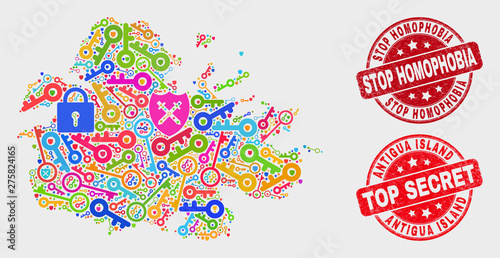 Key Antigua Island map and seal stamps. Red round Top Secret and Stop Homophobia grunge stamps. Colored Antigua Island map mosaic of different key symbols. Vector composition for safety purposes.