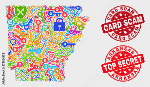 Guard Arkansas State map and stamps. Red round Top Secret and Card Scam textured stamps. Colorful Arkansas State map mosaic of different guard symbols. Vector composition for guard purposes.