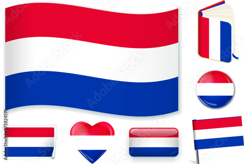 Dutch national flag vector illustration in different shapes.