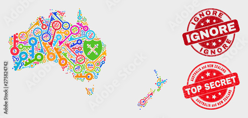 Passkey Australia and New Zealand map and seal stamps. Red round Top Secret and Ignore scratched seal stamps. Bright Australia and New Zealand map mosaic of different safety symbols.
