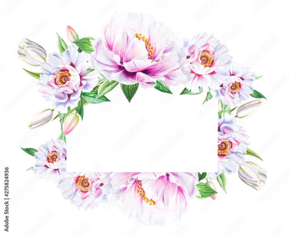 Fototapeta premium Piękna biała piwonia rama. Bukiet kwiatów. Wzór w kwiaty. Rysunek markera. Malarstwo akwarelowe. Kompozycja ślubna i urodzinowa. Kartka z życzeniami. Kwiat malowane tła. Ręcznie rysowane ilustracji.