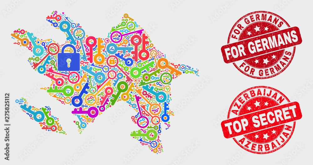 Safeguard Azerbaijan map and stamps. Red rounded Top Secret and For Germans distress stamps. Colorful Azerbaijan map mosaic of different safeguard items. Vector combination for security purposes. Safeguard Azerbaijan map and stamps. Red rounded Top Secret and For Germans distress stamps. Colorful Azerbaijan map mosaic of different safeguard items. Vector combination for security purposes.