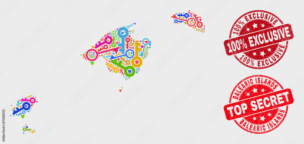 Security Balearic Islands map and seal stamps. Red rounded Top Secret and 100% Exclusive textured seal stamps. Bright Balearic Islands map mosaic of different administration icons. Security Balearic Islands map and seal stamps. Red rounded Top Secret and 100% Exclusive textured seal stamps. Bright Balearic Islands map mosaic of different administration icons.