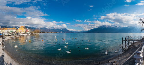 Bild auf Leinwand Beautiful panoramic landscape view at lake Geneva, Vevey, Switzerland