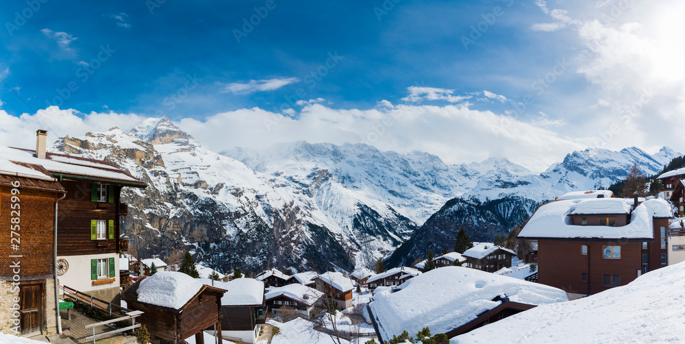 Panoramic view of the house covered with snow at Murren old Village with the snow mountains