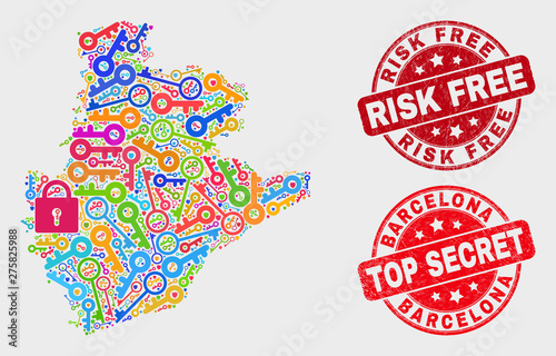 Shield Barcelona Province map and seal stamps. Red round Top Secret and Risk Free grunge seals. Bright Barcelona Province map mosaic of different security elements.