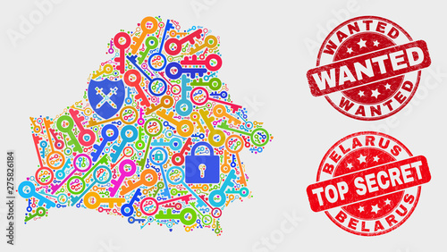 Safeguard Belarus map and seal stamps. Red round Top Secret and Wanted grunge seal stamps. Bright Belarus map mosaic of different secure items. Vector composition for guard purposes.
