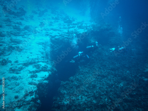 Dahab, Egypt - November 4, 2012. Scuba divers exploring crack in sea bottom in Red Sea, Egypt, Dahab