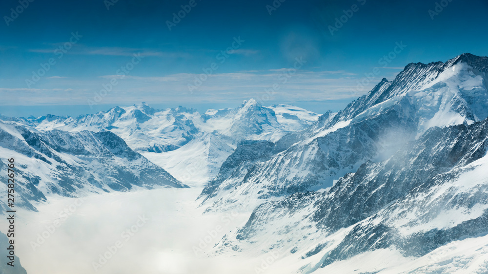 Aletsch Glacier/Fletsch Glacier. Panoramic view  part of Swiss Alps alpine snow mountains landscape from Top of Europe at Jungfraujoch station, Switzerland