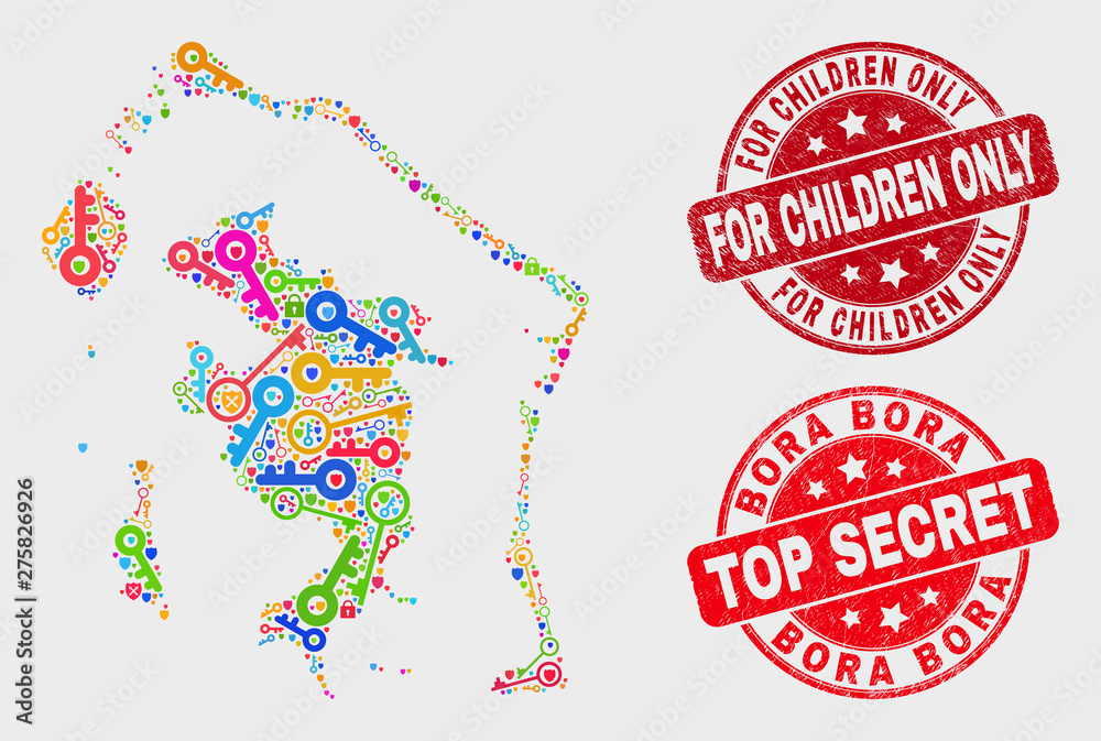 Protection Bora-Bora map and stamps. Red rounded Top Secret and For Children Only textured stamps. Bright Bora-Bora map mosaic of different guard elements. Vector collage for security purposes. Protection Bora-Bora map and stamps. Red rounded Top Secret and For Children Only textured stamps. Bright Bora-Bora map mosaic of different guard elements. Vector collage for security purposes.
