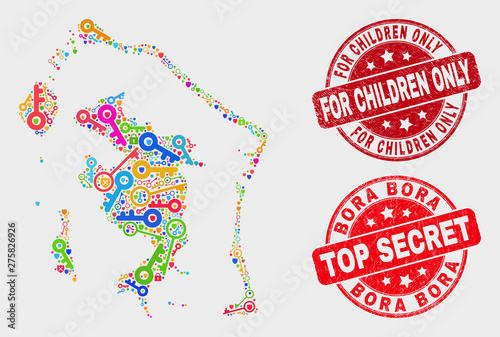 Protection Bora-Bora map and stamps. Red rounded Top Secret and For Children Only textured stamps. Bright Bora-Bora map mosaic of different guard elements. Vector collage for security purposes.