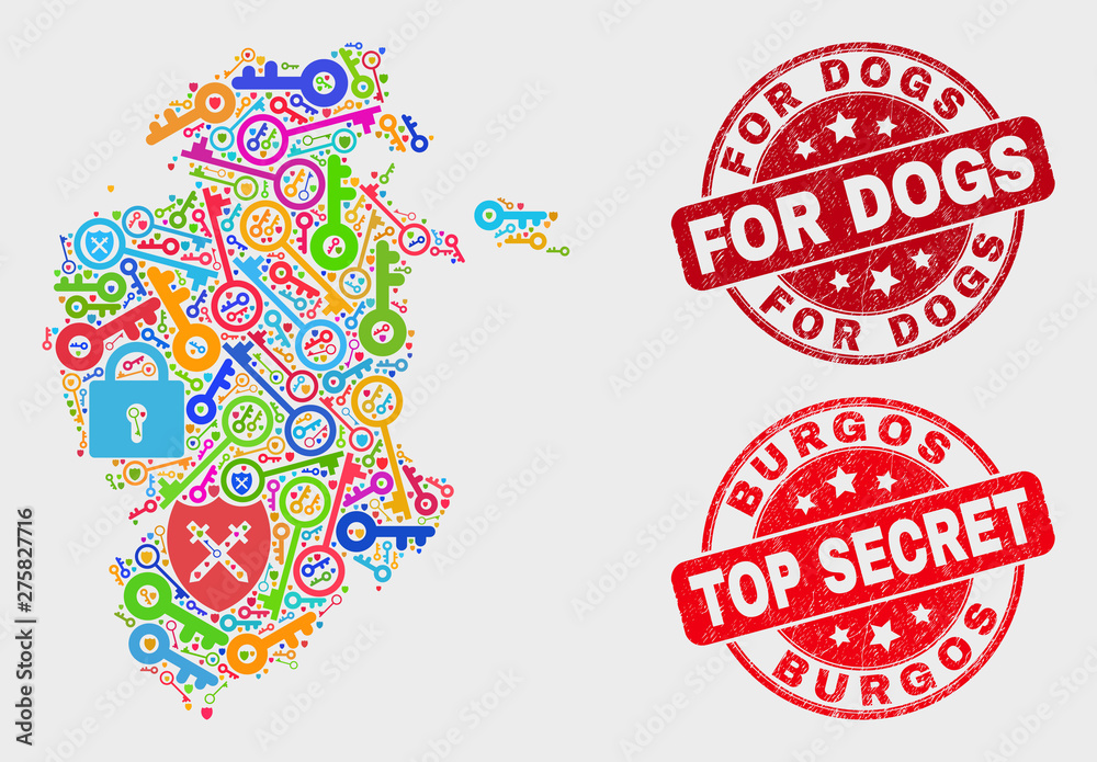 Security Burgos Province map and seals. Red rounded Top Secret and For Dogs scratched seals. Colorful Burgos Province map mosaic of different shield elements. Vector collage for security purposes. Security Burgos Province map and seals. Red rounded Top Secret and For Dogs scratched seals. Colorful Burgos Province map mosaic of different shield elements. Vector collage for security purposes.