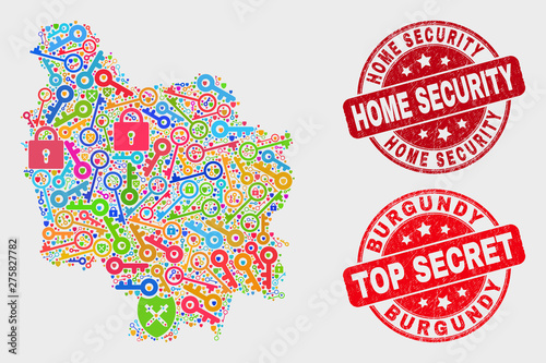 Security Burgundy Province map and seal stamps. Red round Top Secret and Home Security distress seal stamps. Colored Burgundy Province map mosaic of different keeper symbols.