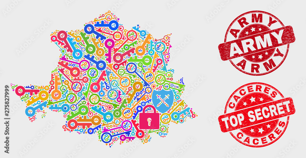 custom made wallpaper toronto digitalSafety Caceres Province map and stamps. Red rounded Top Secret and Army grunge seal stamps. Colored Caceres Province map mosaic of different passkey elements. Vector combination for guard purposes.