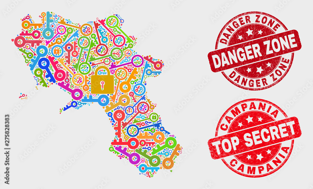 Obraz premium Privacy Campania region map and seal stamps. Red rounded Top Secret and Danger Zone textured stamps. Colored Campania region map mosaic of different privacy icons.