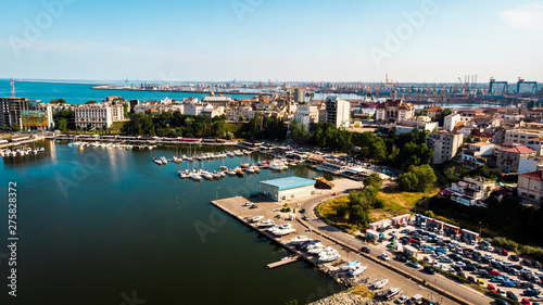 Aerial view of port and old town in Constanta, tourist and industrial town and popular resort in Romania.