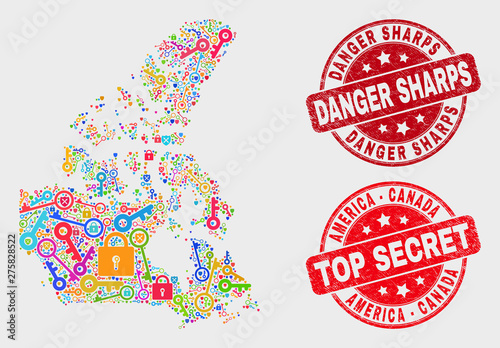 Guard Canada v2 map and stamps. Red round Top Secret and Danger Sharps grunge seal stamps. Colorful Canada v2 map mosaic of different security items. Vector combination for guard purposes.