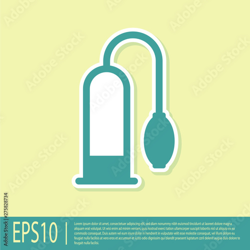 Green Penis pump icon isolated on yellow background. Penis enlarger. Sex toy for men. Vacuum pump with a blower to increase the penis. Vector Illustration