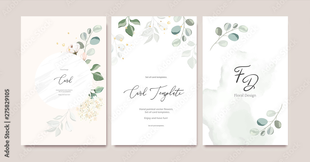 Set of card template with herbs, leaves.  Floral poster, invite. Vector decorative greeting card or invitation design background with watercolor