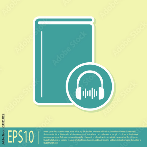 Green Audio book icon isolated on yellow background. Book with headphones. Audio guide sign. Online learning concept. Vector Illustration