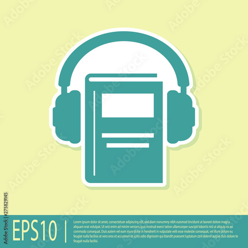 Green Audio book icon isolated on yellow background. Book with headphones. Audio guide sign. Online learning concept. Vector Illustration