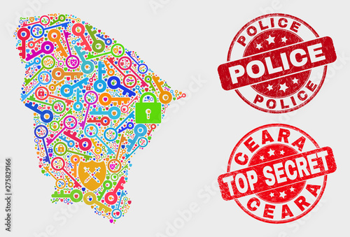Safety Ceara state map and seal stamps. Red round Top Secret and Police scratched seal stamps. Colorful Ceara state map mosaic of different administration symbols.