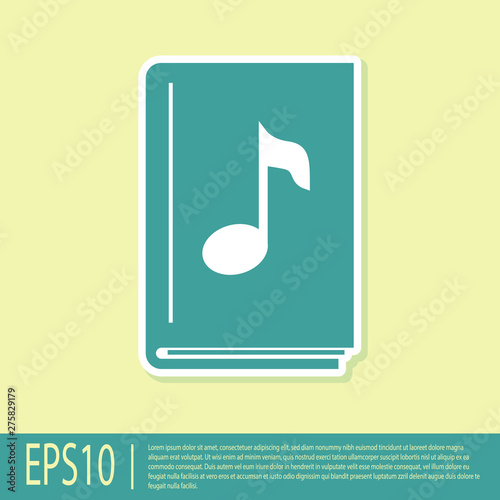 Green Audio book icon isolated on yellow background. Musical note with book. Audio guide sign. Online learning concept. Vector Illustration