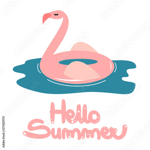 cute hand drawn lettering hello summer vector card with cartoon pink flamingo float