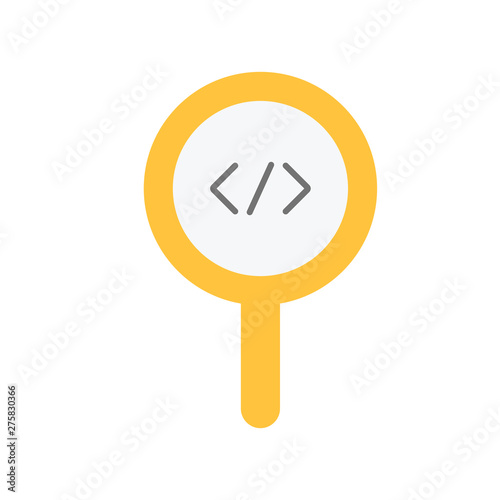 Code review, inspect element concepts. Magnifying glass with code brackets symbol. Modern flat style design. Vector icon