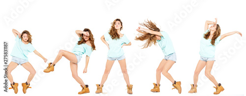 Collage of dancing female on white background