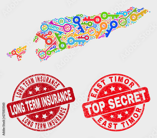 Key East Timor map and watermarks. Red round Top Secret and Long Term Insurance scratched watermarks. Colorful East Timor map mosaic of different key items. Vector composition for guard purposes.