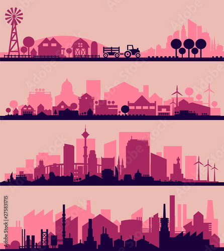 Cityscape sets with various parts of a city. Small towns or suburbs and downtown silhouettes