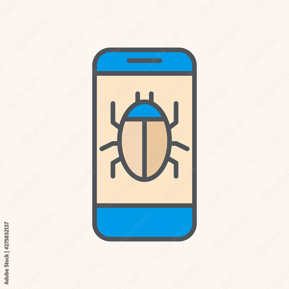 Bug, hack, smartphone, virus, icon, flat. Element of security for mobile concept and web apps illustration. Security system design, warning icon. Protection concept Bug, hack, smartphone, virus, icon, flat. Element of security for mobile concept and web apps illustration. Security system design, warning icon. Protection concept