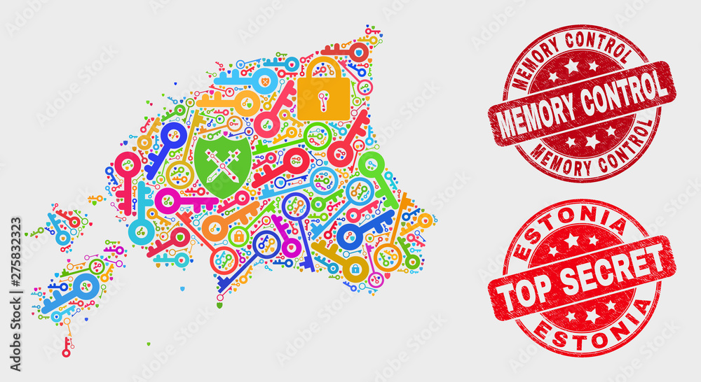 Security Estonia map and watermarks. Red round Top Secret and Memory Control scratched watermarks. Bright Estonia map mosaic of different shield icons. Vector combination for security purposes.