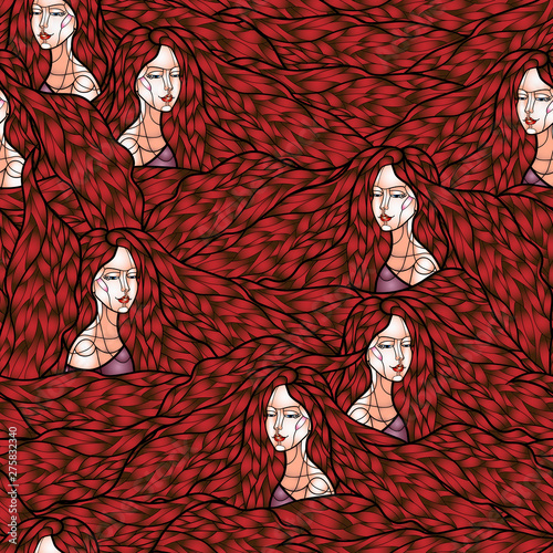 unusual spectacular seamless pattern with the image of a girl with long hair