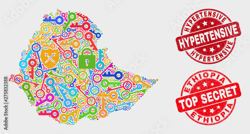 Security Ethiopia map and stamps. Red round Top Secret and Hypertensive scratched seal stamps. Bright Ethiopia map mosaic of different passkey elements. Vector collage for safety purposes.