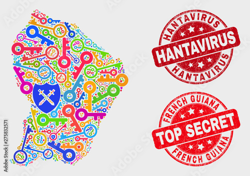 Privacy French Guiana map and stamps. Red round Top Secret and Hantavirus textured stamps. Colored French Guiana map mosaic of different safety elements. Vector collage for safety purposes.