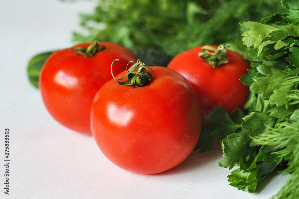 Isolated Vegetables on White Background: Tomatoes, Cucumber and Greens Isolated Vegetables on White Background: Tomatoes, Cucumber and Greens