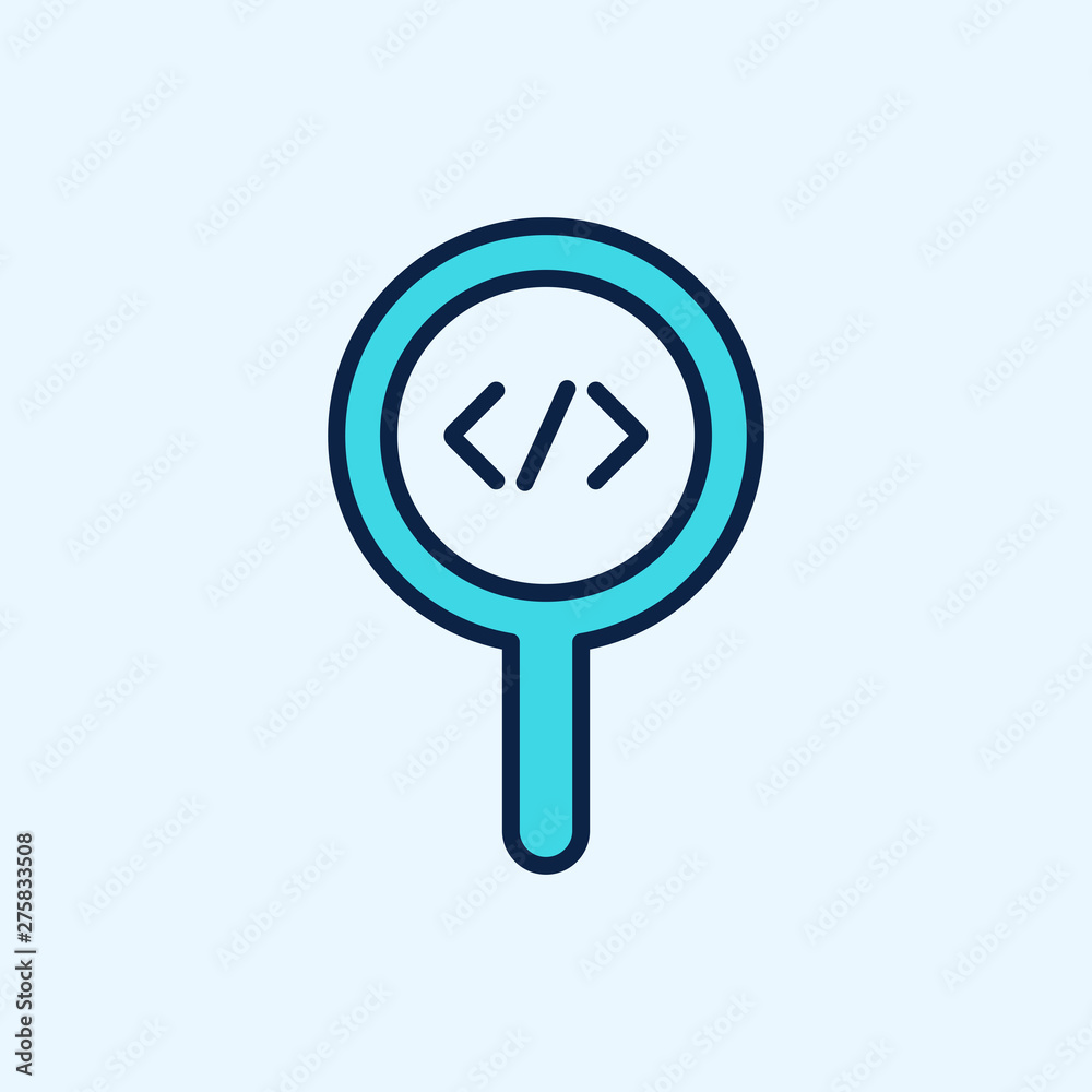 Code review, inspect element concepts. Magnifying glass with code brackets symbol. Modern flat style design. Vector icon Code review, inspect element concepts. Magnifying glass with code brackets symbol. Modern flat style design. Vector icon