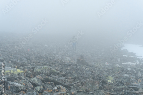 Person hiking in snow storm. Kebnekaise Sweden