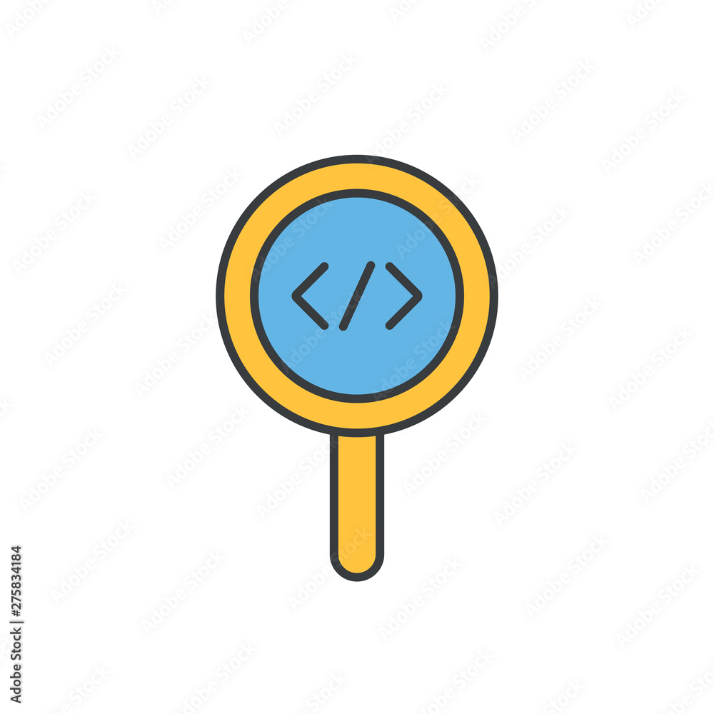 Code review, inspect element concepts. Magnifying glass with code brackets symbol. Modern flat style design. Vector icon Code review, inspect element concepts. Magnifying glass with code brackets symbol. Modern flat style design. Vector icon