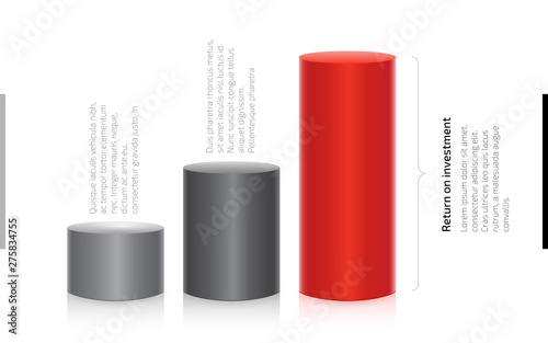 Cylinder Chart of Finance. Return on investment diagram. Red and gray 3d cylindrical chart of investments and profits. Financial data presentation template. Vector illustration