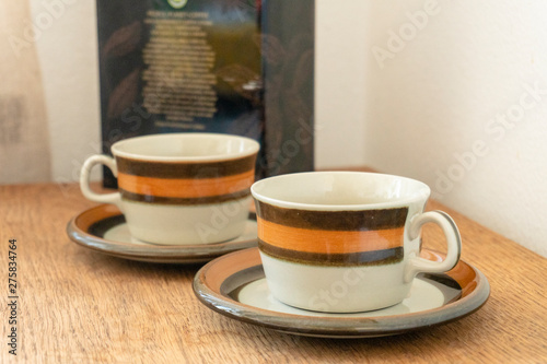 Coffee cups on a wooden table