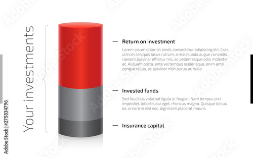 Cylinder Chart of Finance. Return on investment diagram. Red and gray 3d cylindrical chart of investments and profits. Financial data presentation template. Vector illustration