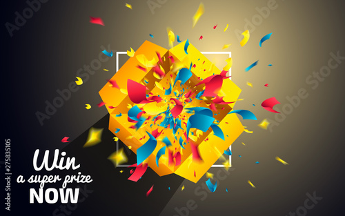 Win a Super Prize now. Surprise Box with colorful confetti explosion on dark background. Prize icon concept. Top view of a yellow Gift Box. Vector illustration