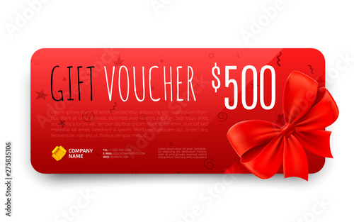 Gift voucher template with realistic red bow. Certificate, coupon, flyer design. Discount card for shop or boutique. Vector illustration