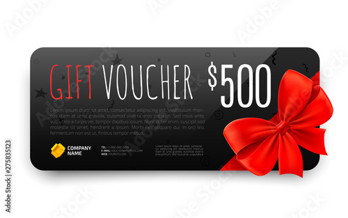 Black Gift voucher template with realistic red bow. Certificate, coupon, flyer design. Discount card for shop or boutique. Vector illustration