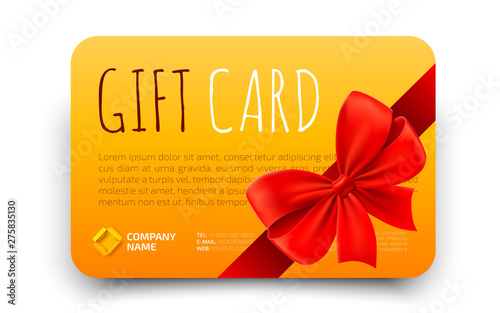 Golden Gift card template with realistic red bow. Certificate, coupon, flyer design. Discount card for shop or boutique. Vector illustration
